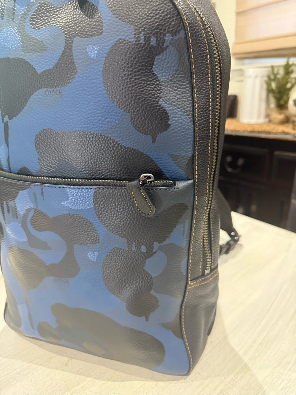 Coach Men's Blue and Black Camouflage Leather Backpack- NWOT